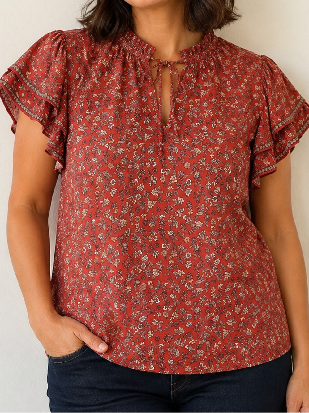 Max Studio Rust Red Floral Tie-Neck Ruffle Blouse